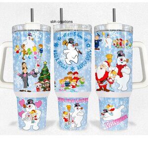 40oz Cartoon Frosty Snowman theme insulated tumbler with sliding lid and straw